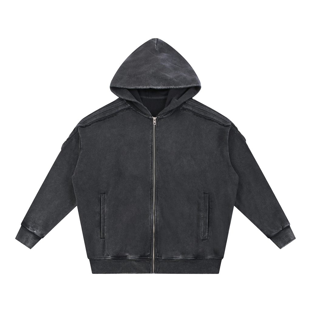 Snow Washed Tape Raw Edge Zip Hoodie