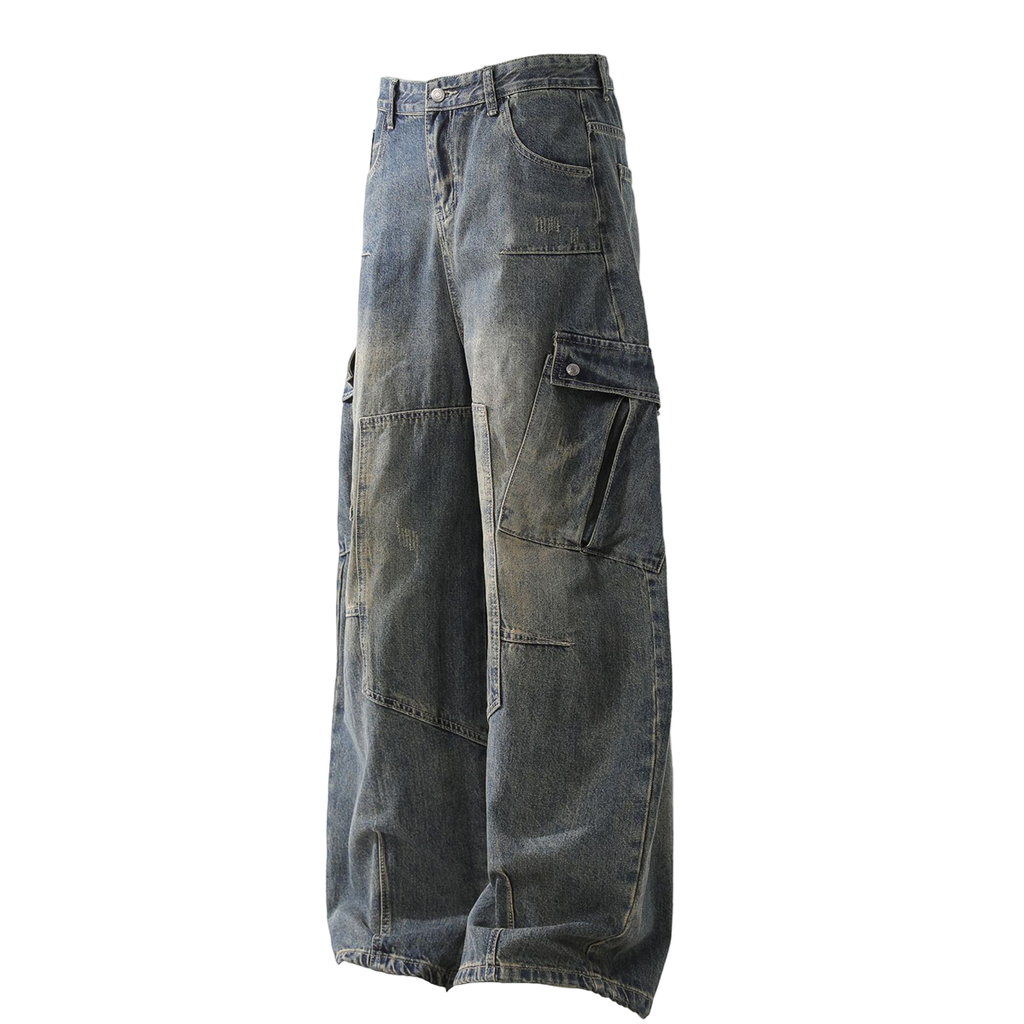 Heavyweight Multi-Pocket Washed Vintage Loose Jeans