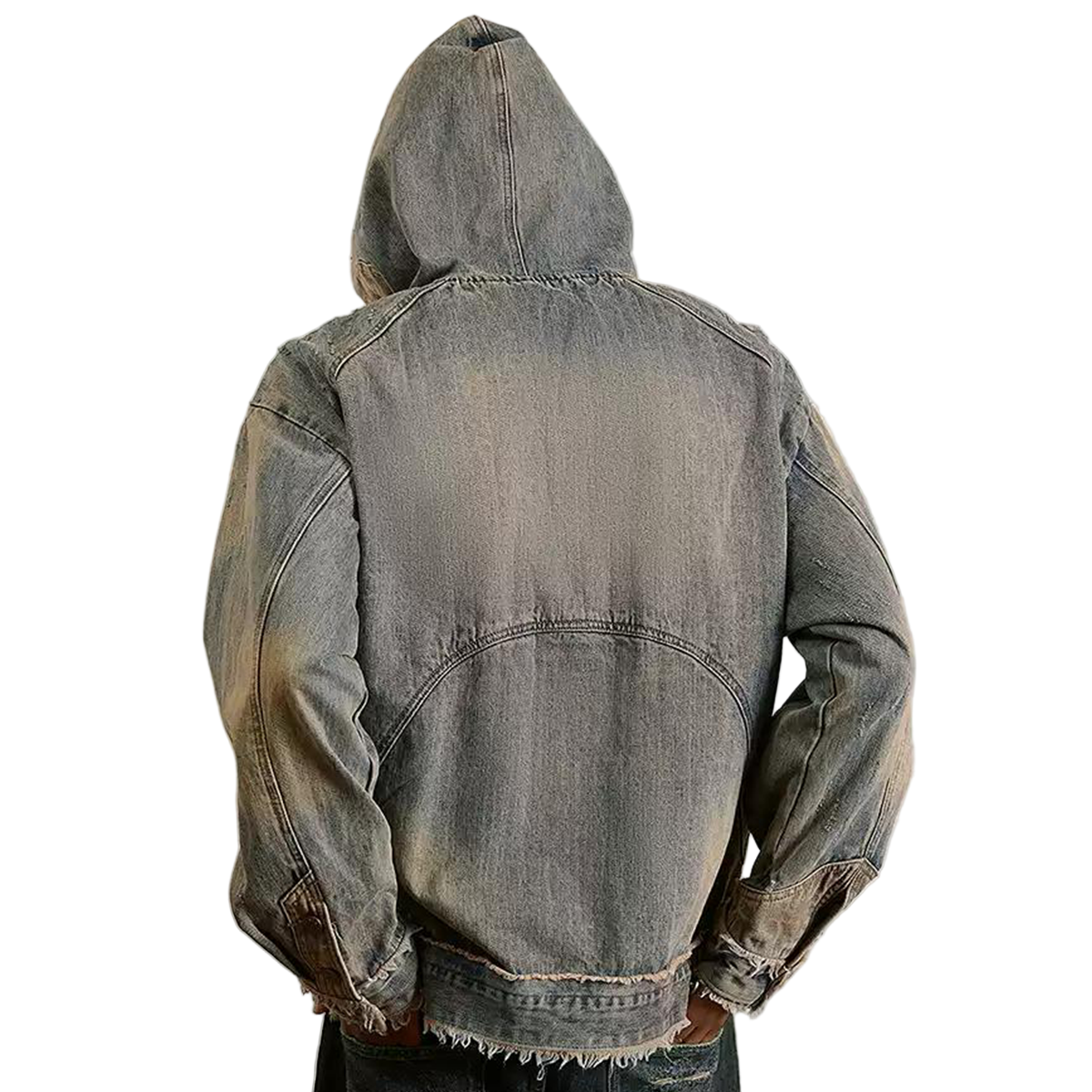 Washed Distressed Fuzzy Denim Hoodie