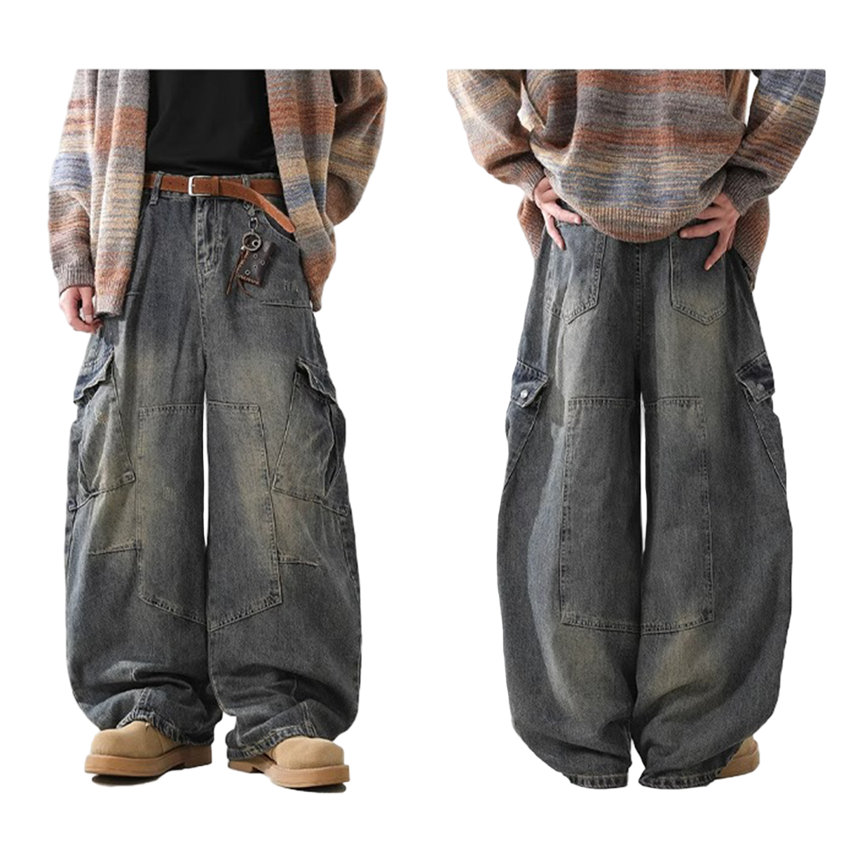 Heavyweight Multi-Pocket Washed Vintage Loose Jeans