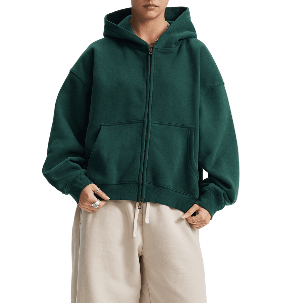 Boxy Cropped Fleece Zip-up Hoodie