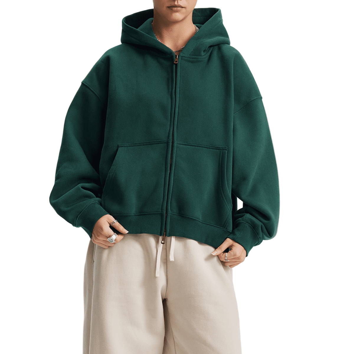 Boxy Cropped Fleece Zip-up Hoodie