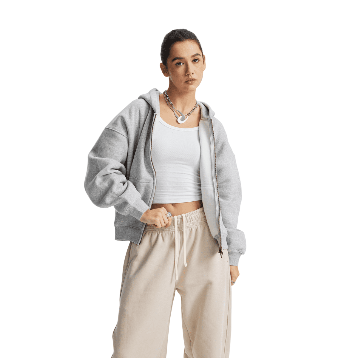 Boxy Cropped Fleece Zip-up Hoodie