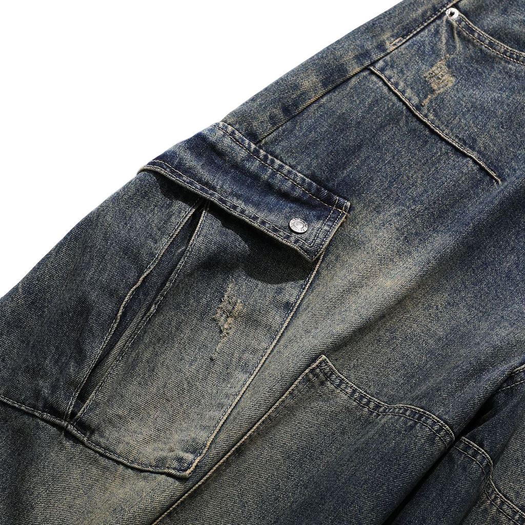 Heavyweight Multi-Pocket Washed Vintage Loose Jeans
