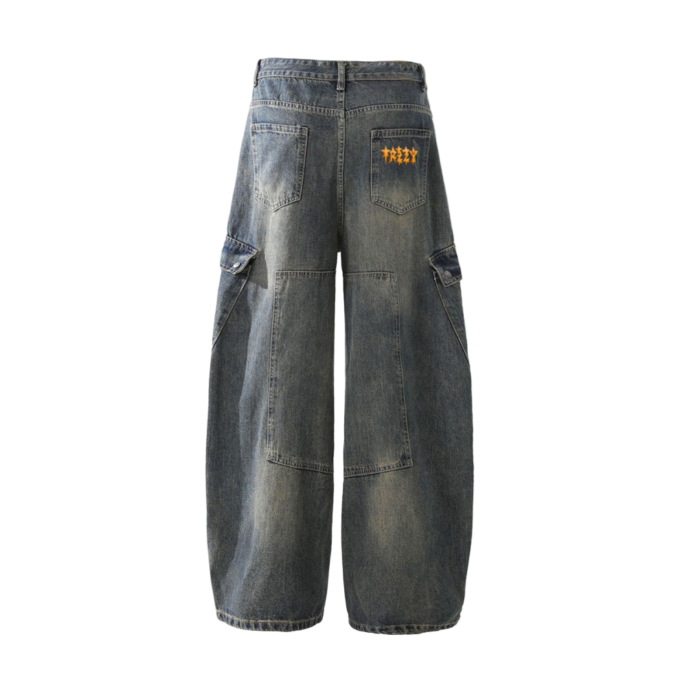 Heavyweight Multi-Pocket Washed Vintage Loose Jeans