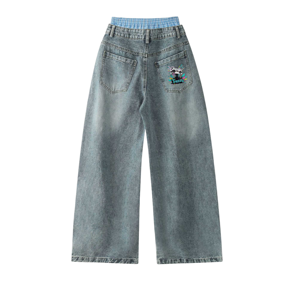 Double Waist Design Hip-hop Style Wide Leg Jeans