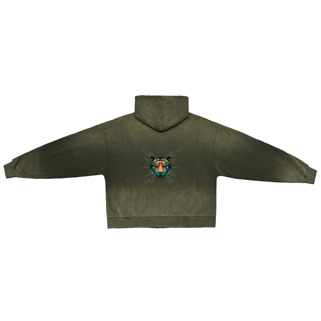 Washed Distressed Dystopian Streetwear Zip-Up Hoodie