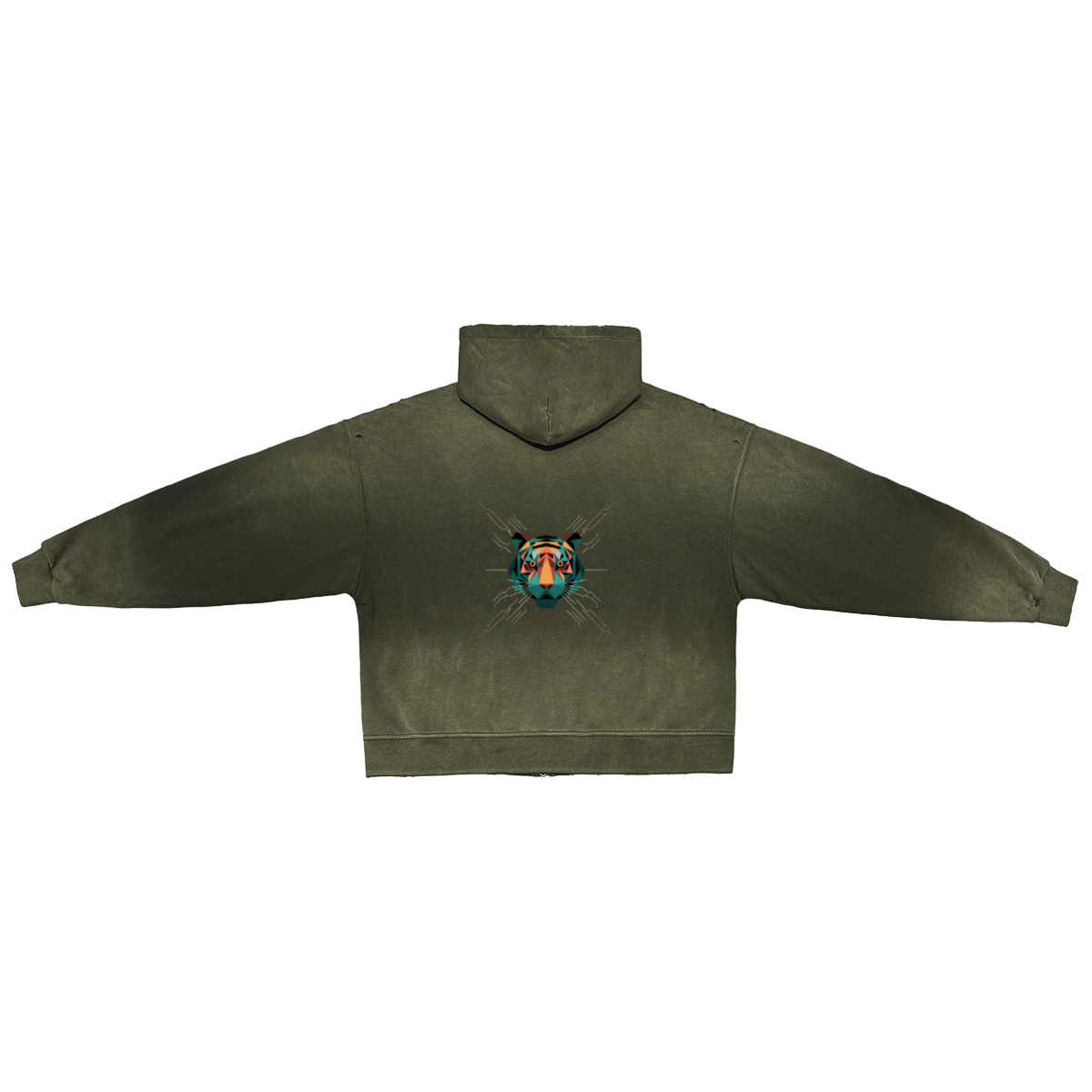Washed Distressed Dystopian Streetwear Zip-Up Hoodie