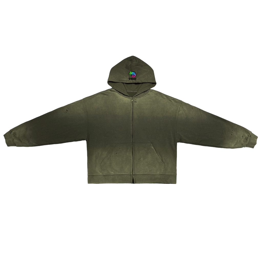 Washed Distressed Dystopian Streetwear Zip-Up Hoodie
