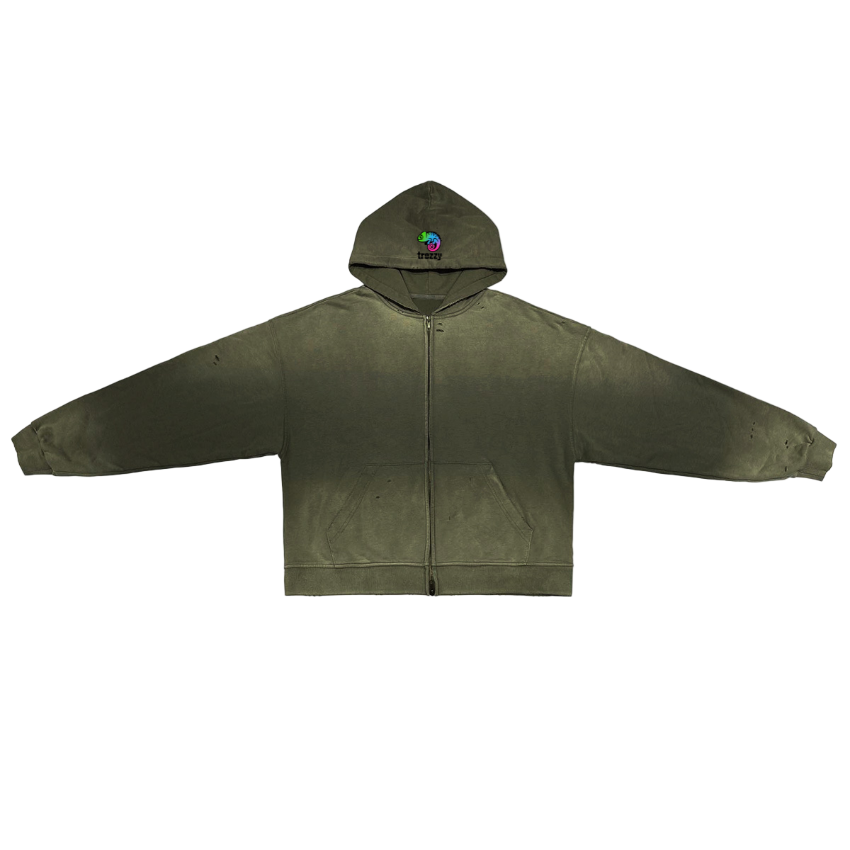 Washed Distressed Dystopian Streetwear Zip-Up Hoodie