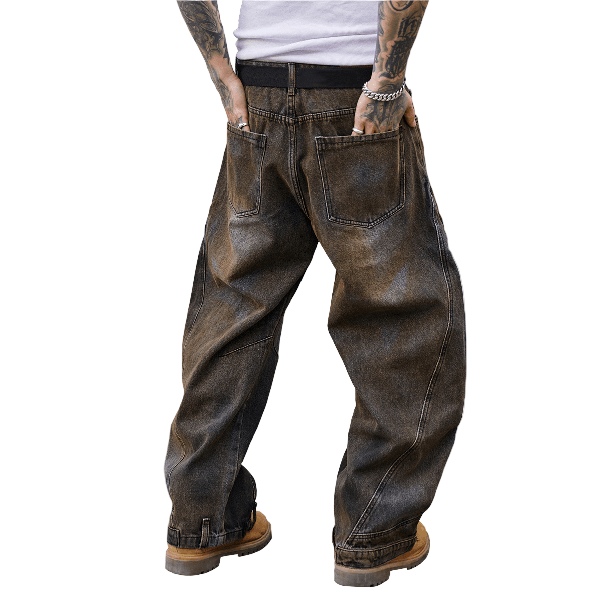 Loose-Fit Washed Curved Denim Jeans