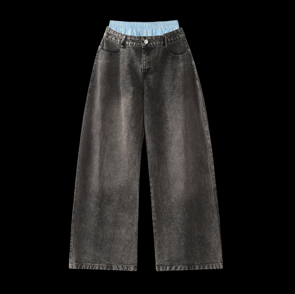 Double Waist Design Hip-hop Style Wide Leg Jeans