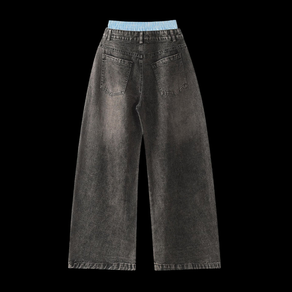 Double Waist Design Hip-hop Style Wide Leg Jeans
