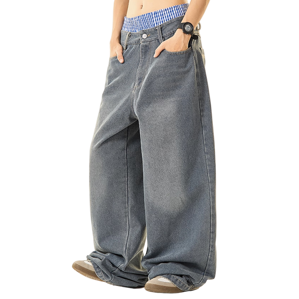 Double Waist Design Hip-hop Style Wide Leg Jeans