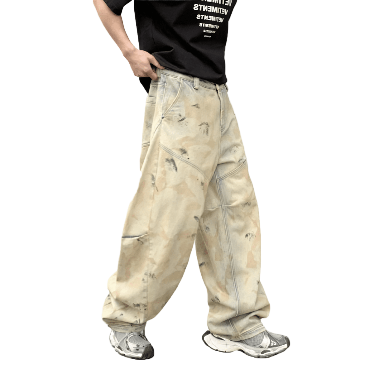 Elaborately Designed Wide-leg Curved Blade Jeans