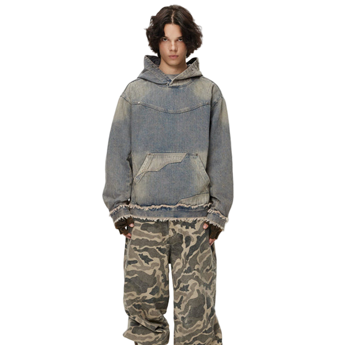 Washed Distressed Fuzzy Denim Hoodie