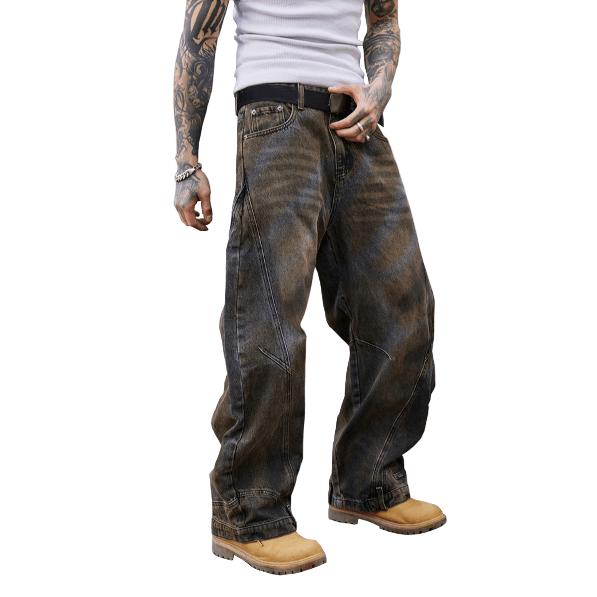 Loose-Fit Washed Curved Denim Jeans