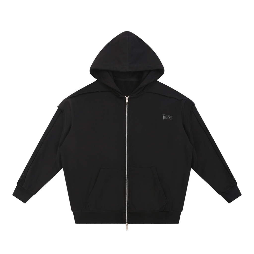 Contrast Tape Raw Edge Double Layered Zip Hoodie