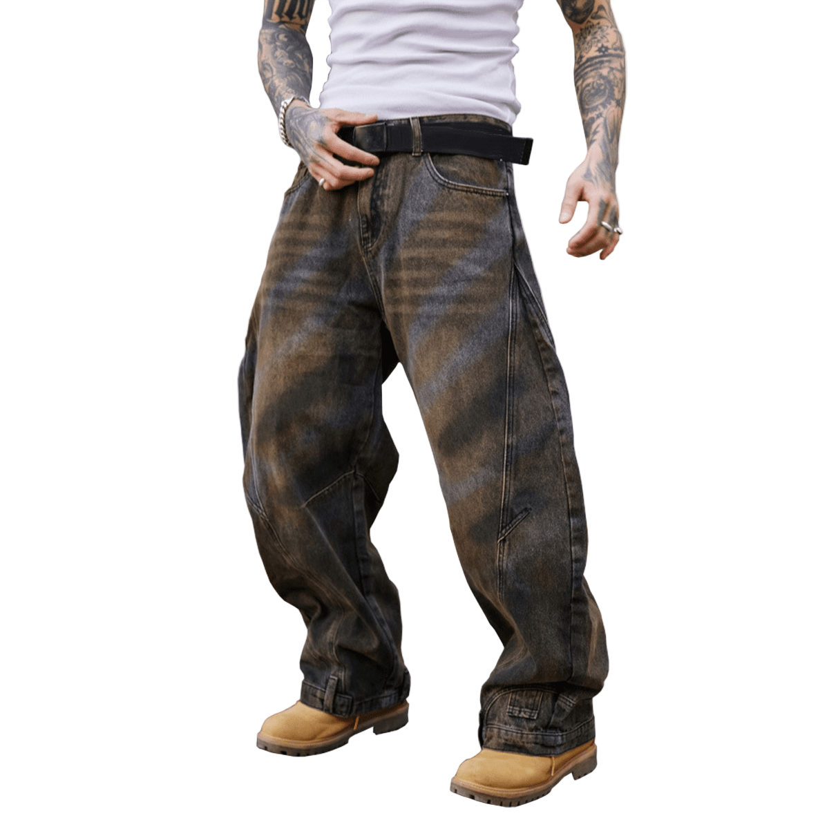 Loose-Fit Washed Curved Denim Jeans