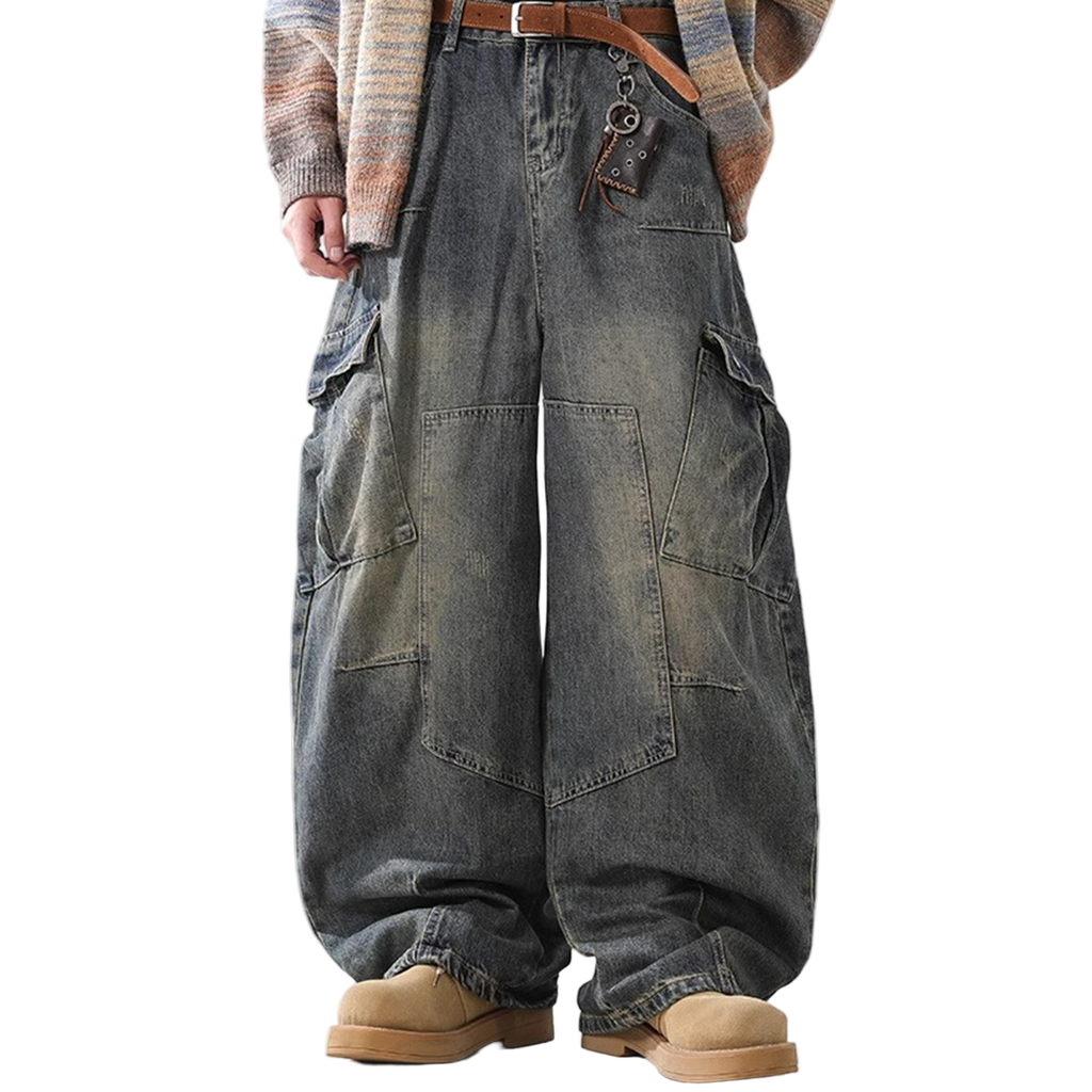 Heavyweight Multi-Pocket Washed Vintage Loose Jeans