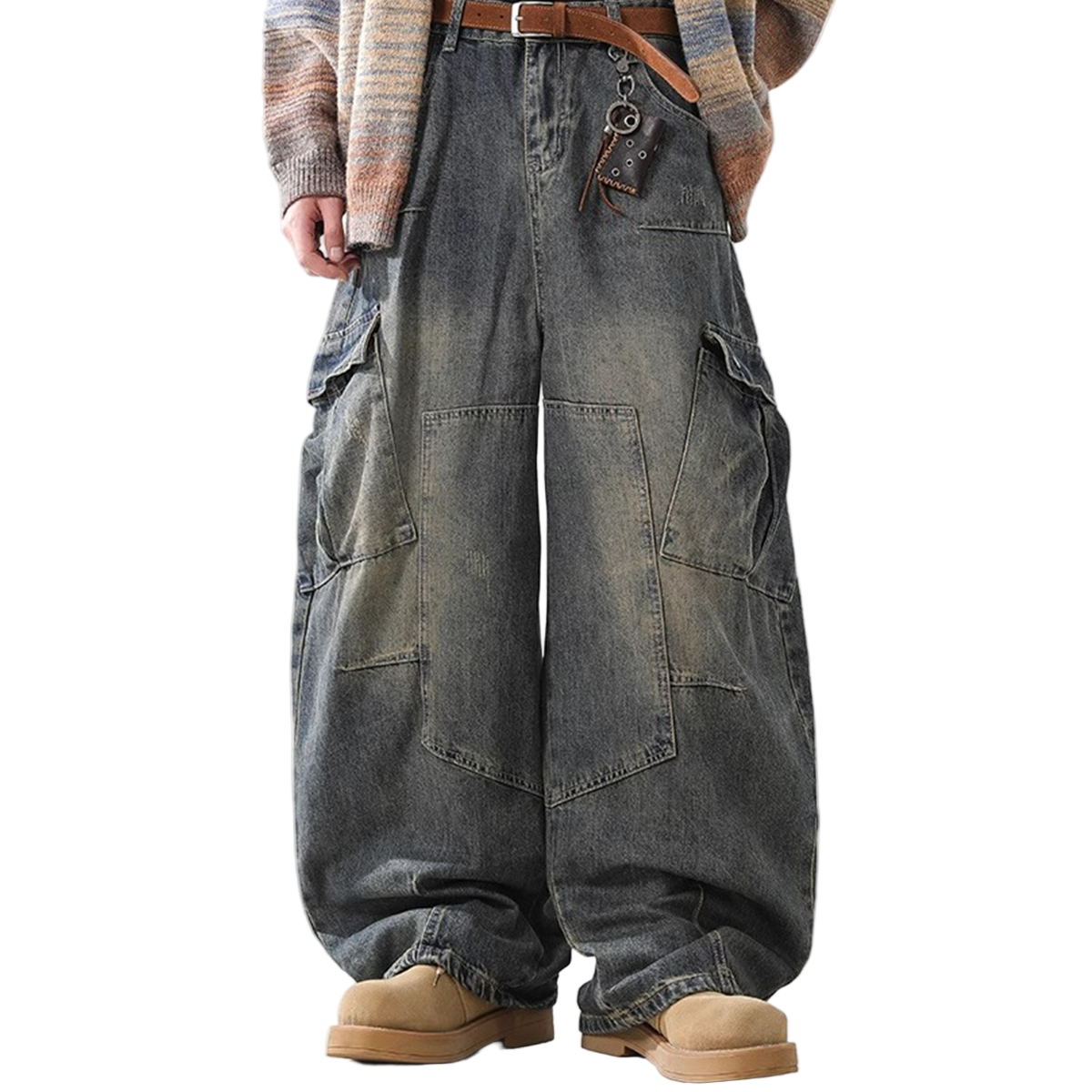 Heavyweight Multi-Pocket Washed Vintage Loose Jeans