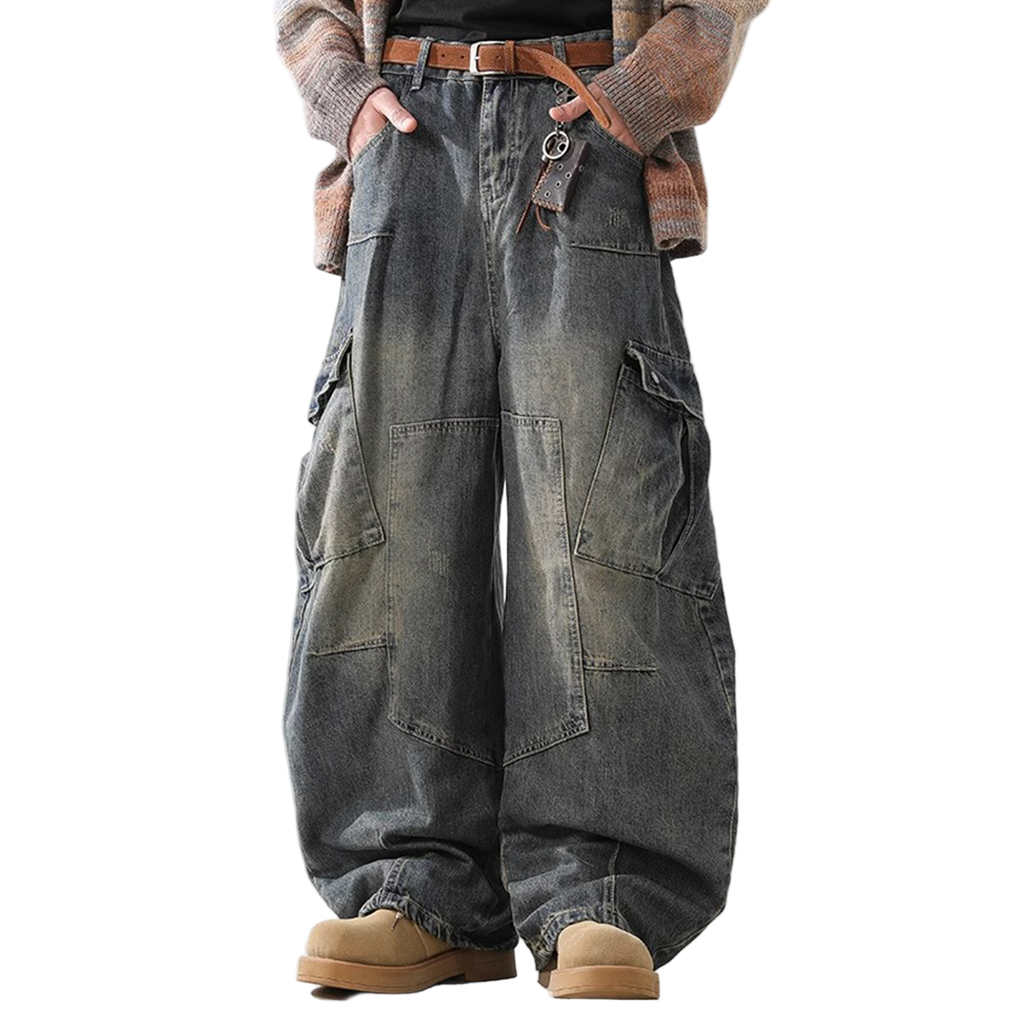 Heavyweight Multi-Pocket Washed Vintage Loose Jeans