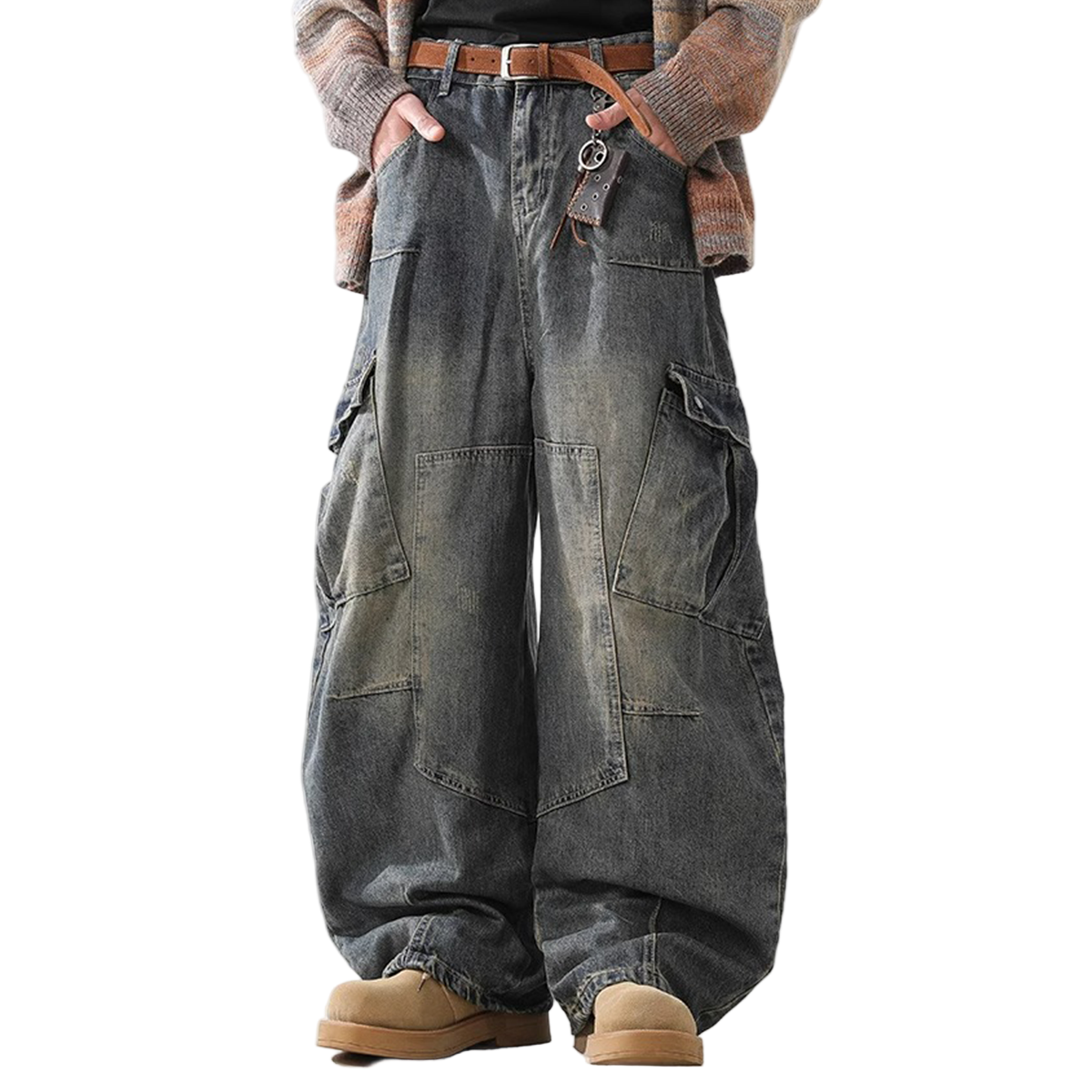 Heavyweight Multi-Pocket Washed Vintage Loose Jeans