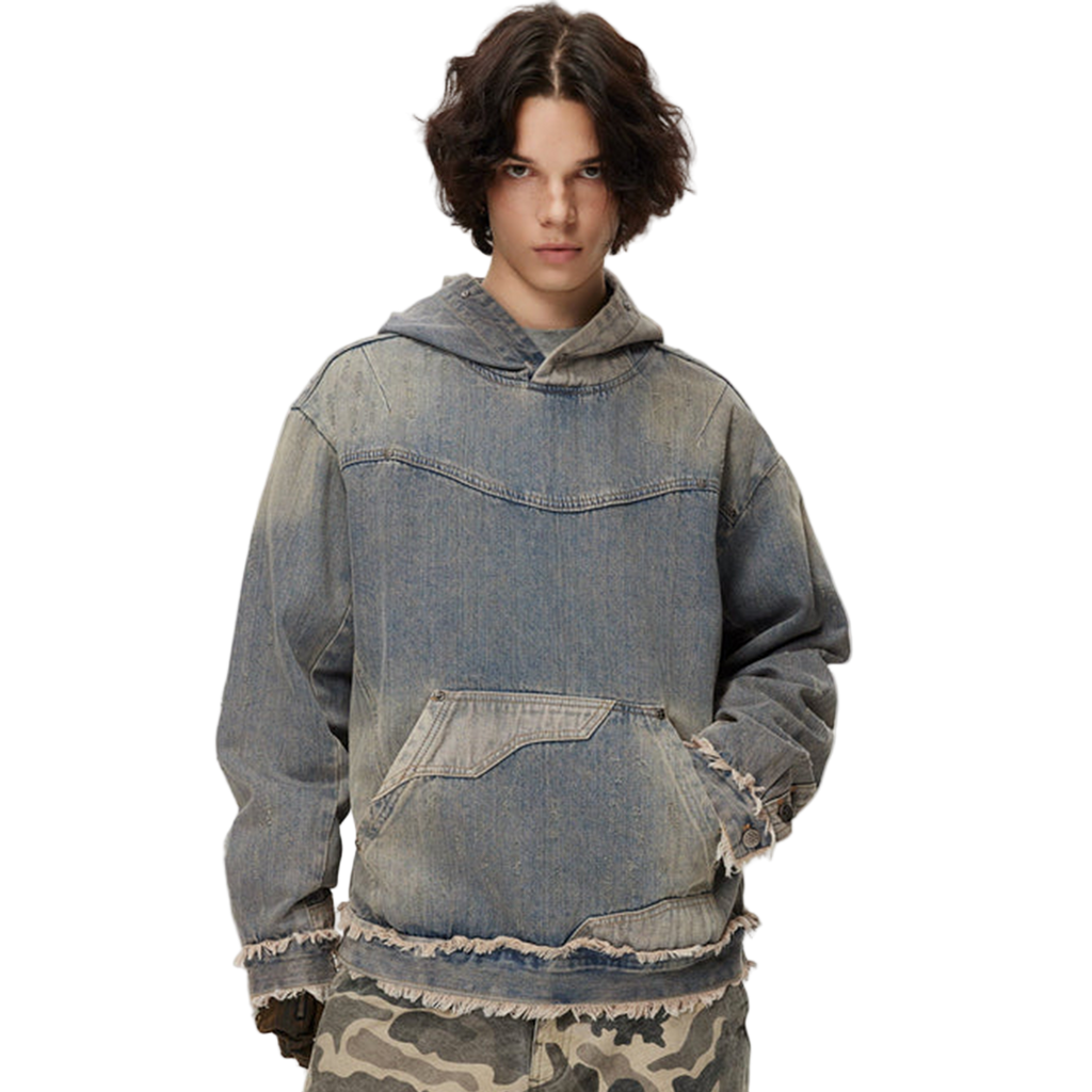 Washed Distressed Fuzzy Denim Hoodie