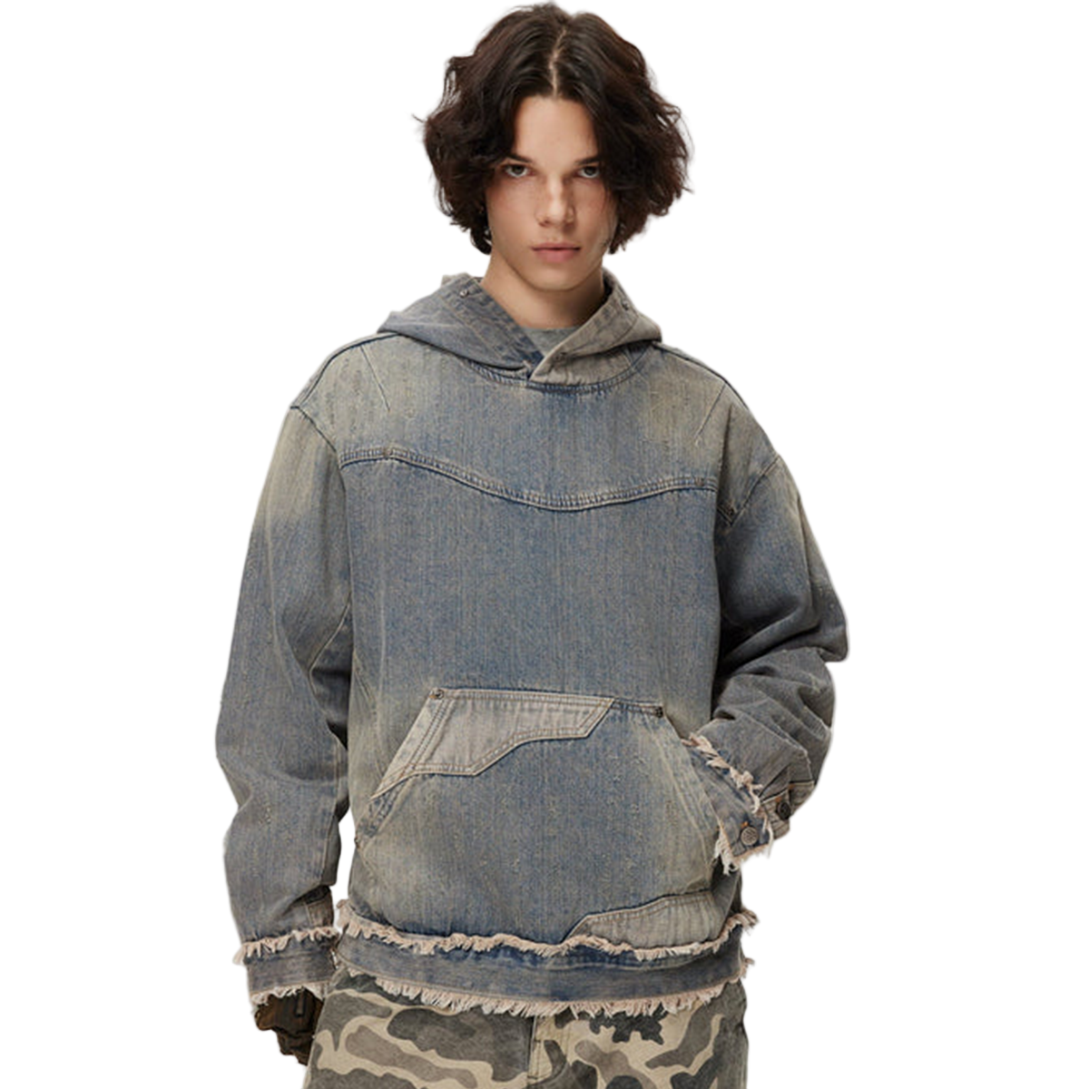 Washed Distressed Fuzzy Denim Hoodie