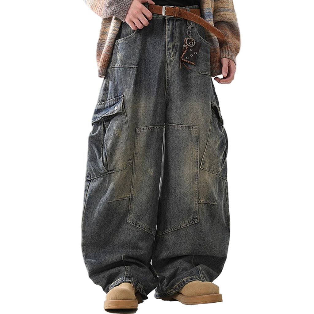 Heavyweight Multi-Pocket Washed Vintage Loose Jeans