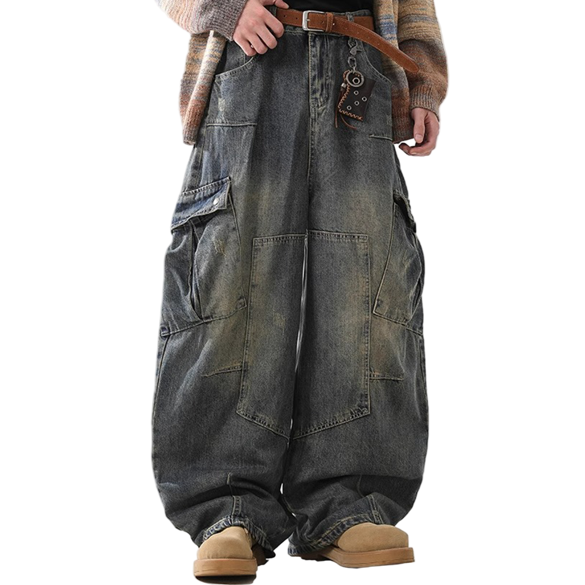 Heavyweight Multi-Pocket Washed Vintage Loose Jeans