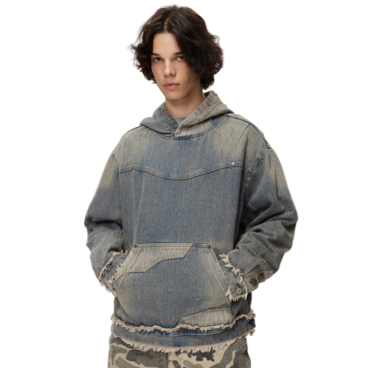Washed Distressed Fuzzy Denim Hoodie