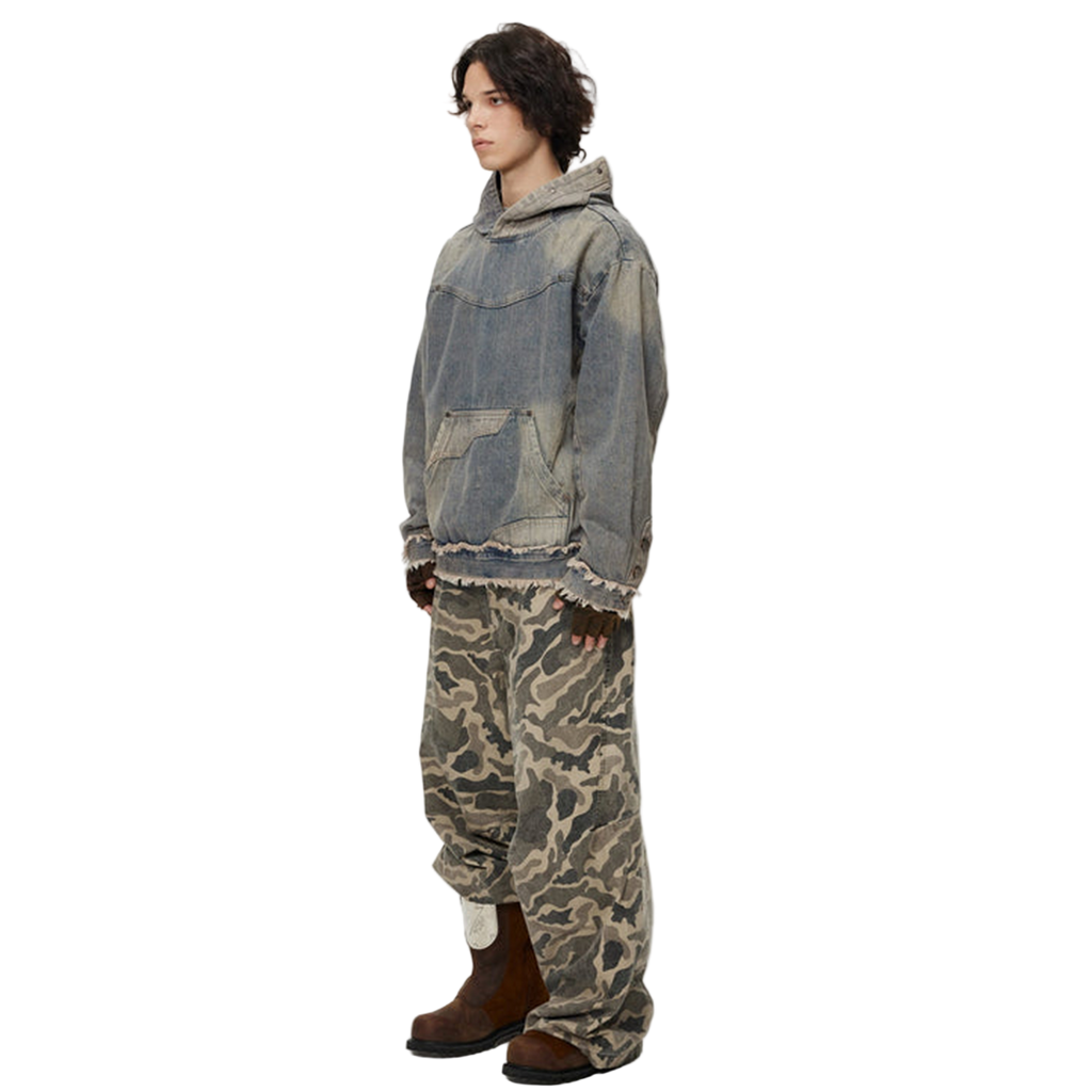 Washed Distressed Fuzzy Denim Hoodie