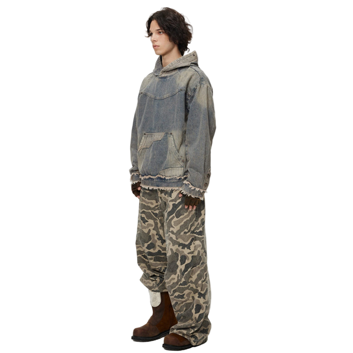 Washed Distressed Fuzzy Denim Hoodie