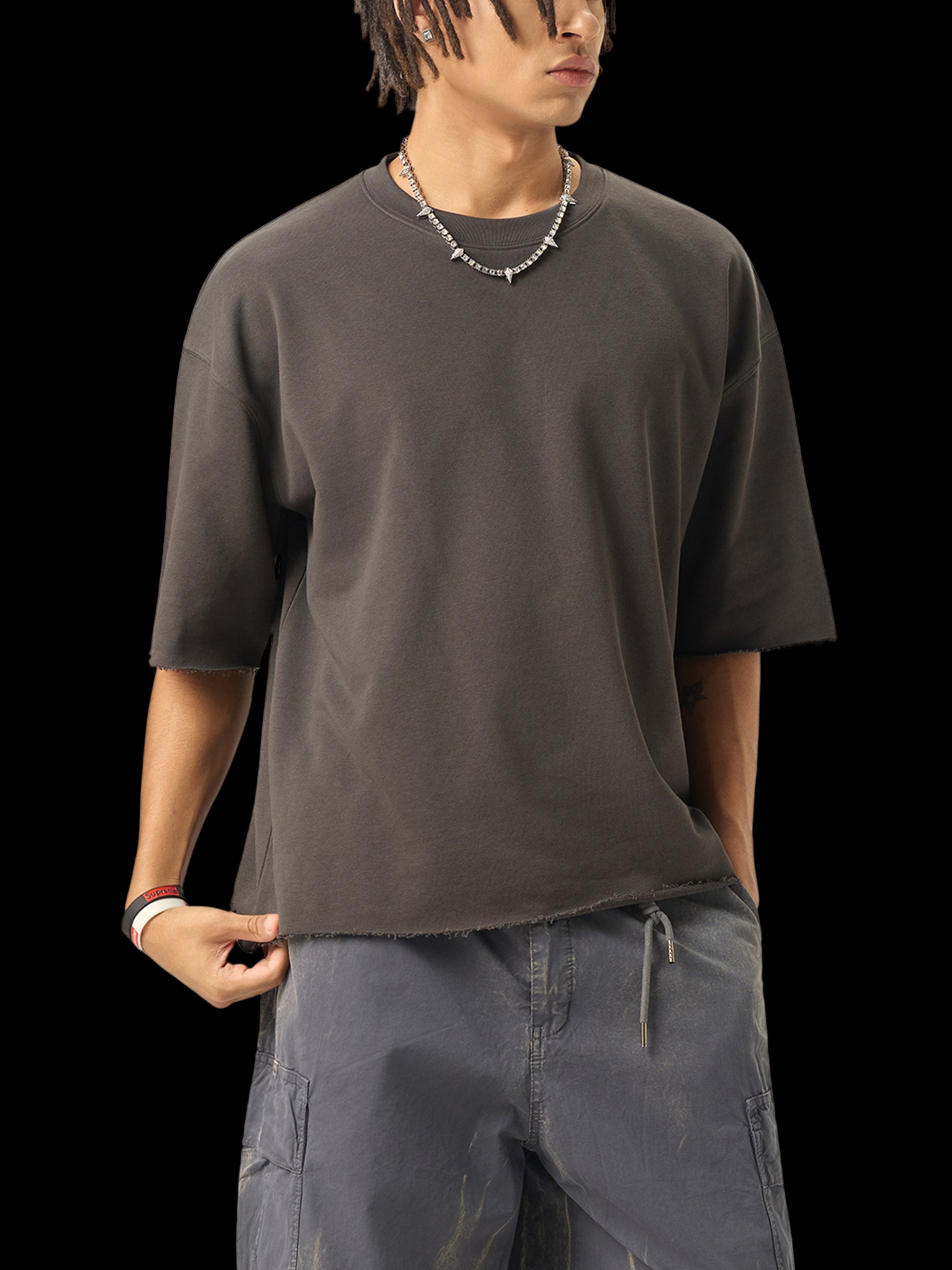 Boxy Half-Sleeve Raw-Edge T-Shirt